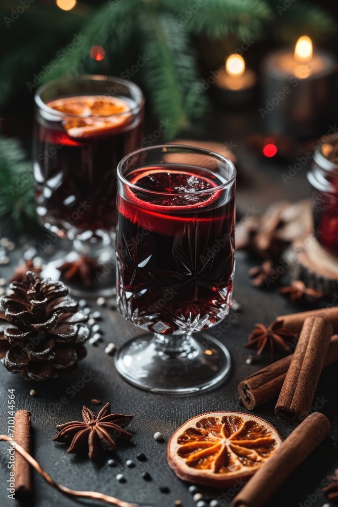 Two glasses of mulled wine sitting on a table. Perfect for holiday celebrations and cozy winter gatherings