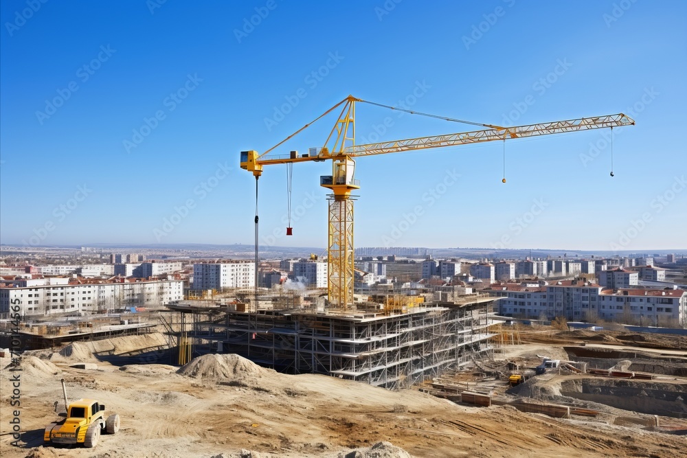 Step-by-step building construction process with powerful cranes and skilled workers