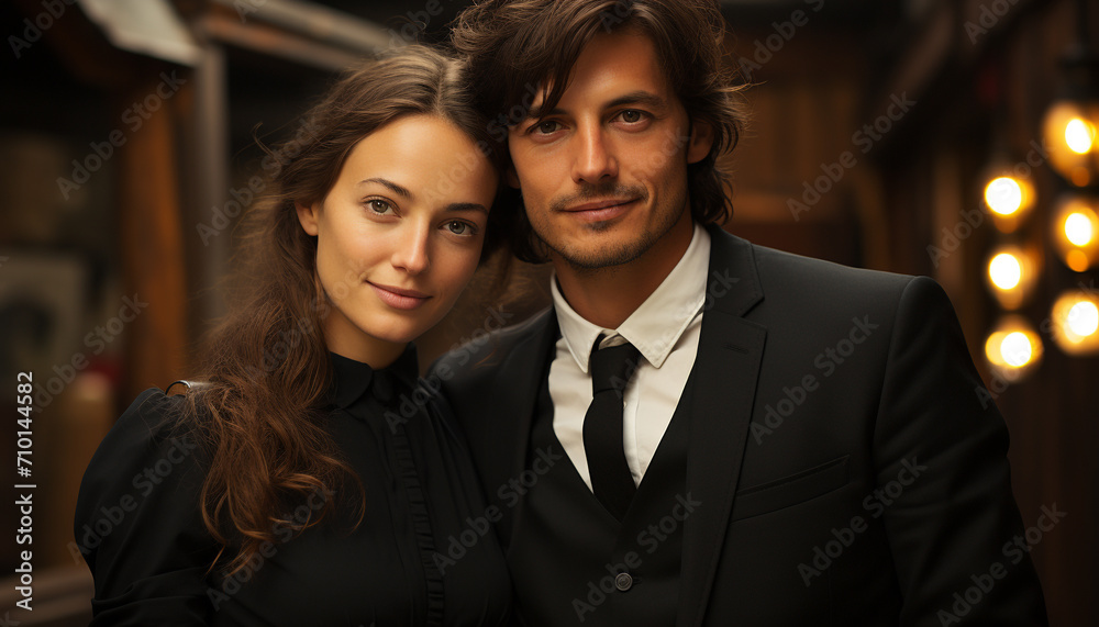 Young couple smiling, embracing, looking at camera generated by AI Young couple smiling, embracing, looking at camera generated by AI