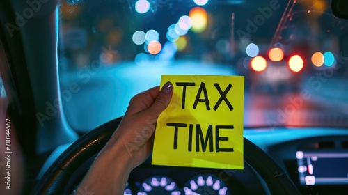 Closeup of a hand holding a "TAX TIME" sticky note in a car generative ai