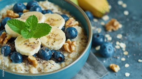 A bowl of oatmeal topped with fresh bananas and juicy blueberries. Perfect for a healthy breakfast or a nutritious snack