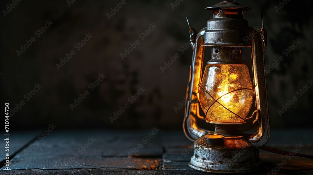 An old-fashioned lantern glowing warmly in the dark