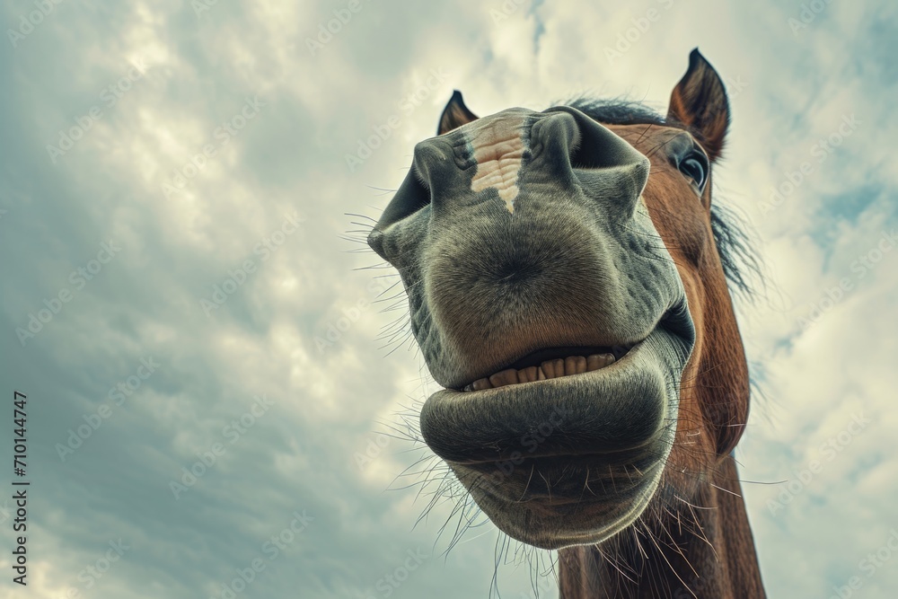 A close-up shot of a horse's face with a dramatic cloudy sky in the background. Perfect for adding a touch of nature and serenity to your designs