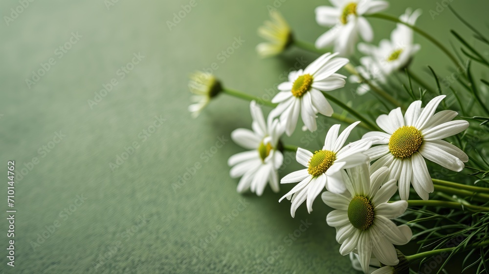 Obraz premium White daisies with yellow centers on a green background
