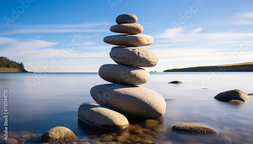 Stacked rocks create harmony in tranquil nature scene generated by AI