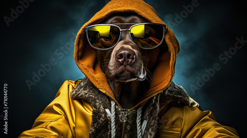 a dog with glasses and a yellow hoodieНажмите, чтобы использовать этот вариант
