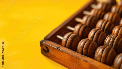 Close-up of a wooden abacus with a shallow depth of field on yellow