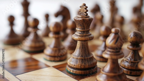 Close-up of a queen chess piece among other wooden pieces