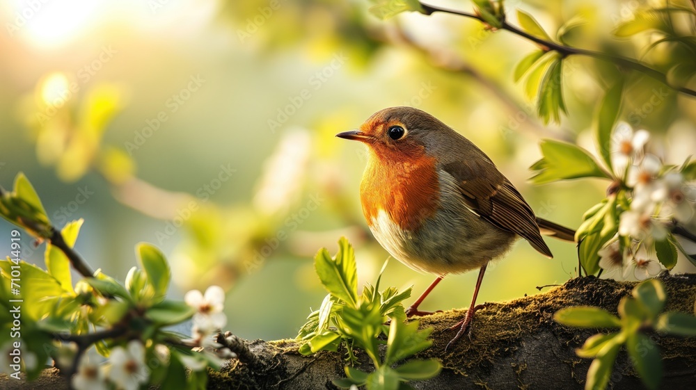 Robin perched on a branch with white blossoms