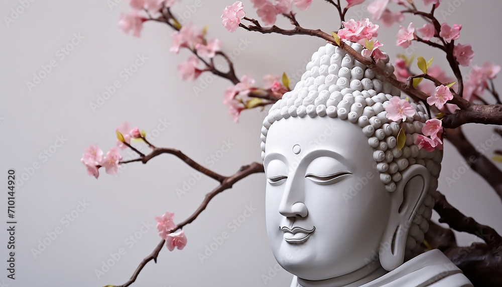 Buddhist statue meditating under cherry blossom tree generated by AI