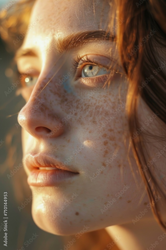 A close up shot of a woman with freckles on her face. This image can be used in beauty, skincare, or natural cosmetics advertisements