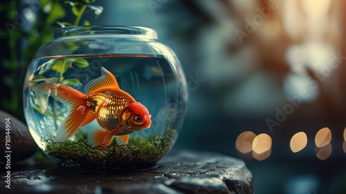 Goldfish in a bowl on a rock with blurred greenery
