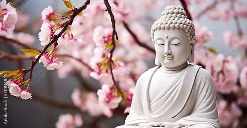Meditating Buddha surrounded by cherry blossom petals generated by AI