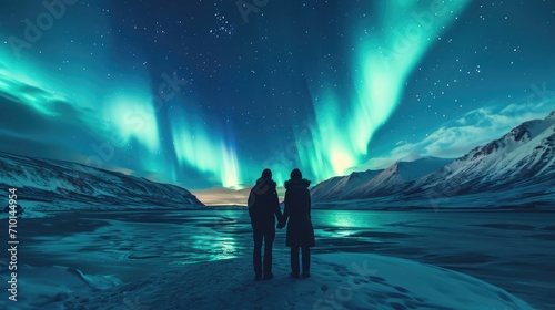 Couple facing away, hand in hand, observing the breathtaking beauty of the Northern Lights in a wilderness setting generative ai