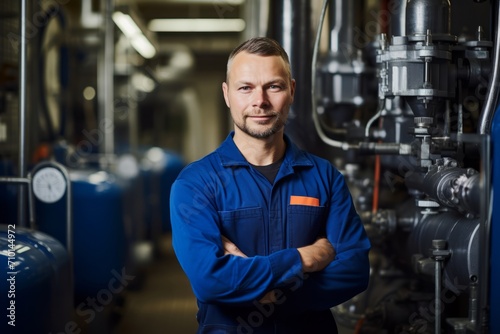 A portrait of a dedicated Facilities Manager, standing confidently in the heart of the industrial plant he oversees, surrounded by the machinery and equipment he maintains