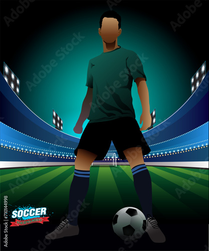 soccer player with ball on green background