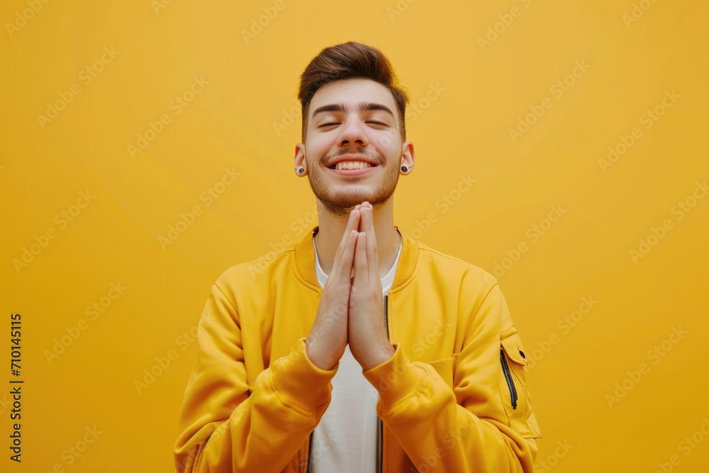 A young man wearing a yellow jacket with a cheerful smile. Suitable for various uses