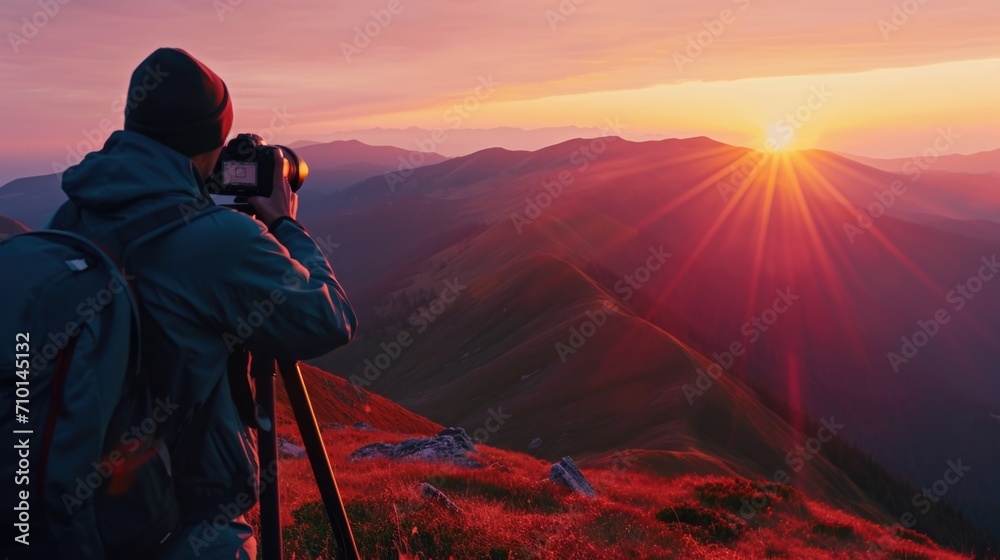 A man capturing a photo of the sun in the scenic mountains. Perfect for travel and nature enthusiasts