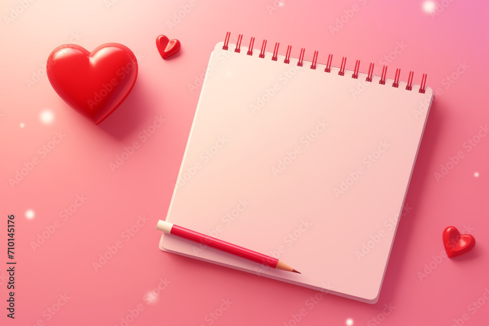 Notebook and red heart on a pink background. 3d rendering Notebook and red heart on a pink background. 3d rendering