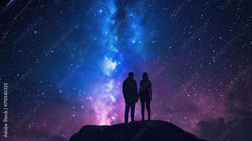 silhouette of a couple with their backs turned, standing on top of a hill, witnessing the beauty of a meteor shower in the night sky generative ai
