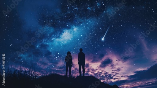 silhouette of a couple with their backs turned, standing on top of a hill, witnessing the beauty of a meteor shower in the night sky generative ai
