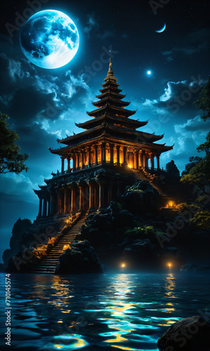 a painting of a pagoda on a hill with a full moon in the background, fantasy art, matte painting, mystical, nightscape_1