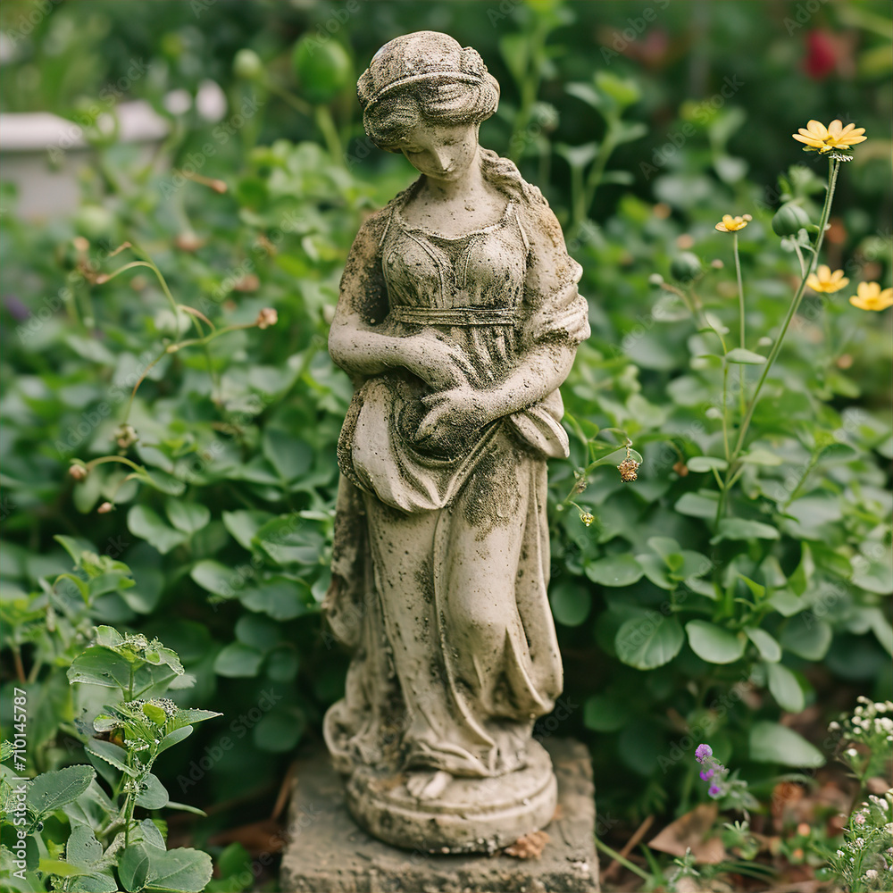 Old Stone Statue of a Goddess in a Lush Wildflower Garden