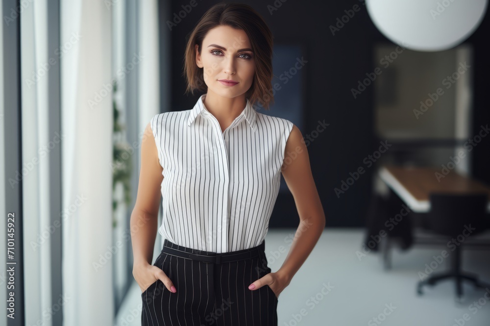 A confident, stylish woman in her mid-thirties, wearing a chic sleeveless vest paired with pinstriped pants, standing in a modern, minimalist office space, radiating an aura of professionalism A confident, stylish woman in her mid-thirties, wearing a chic sleeveless vest paired with pinstriped pants, standing in a modern, minimalist office space, radiating an aura of professionalism