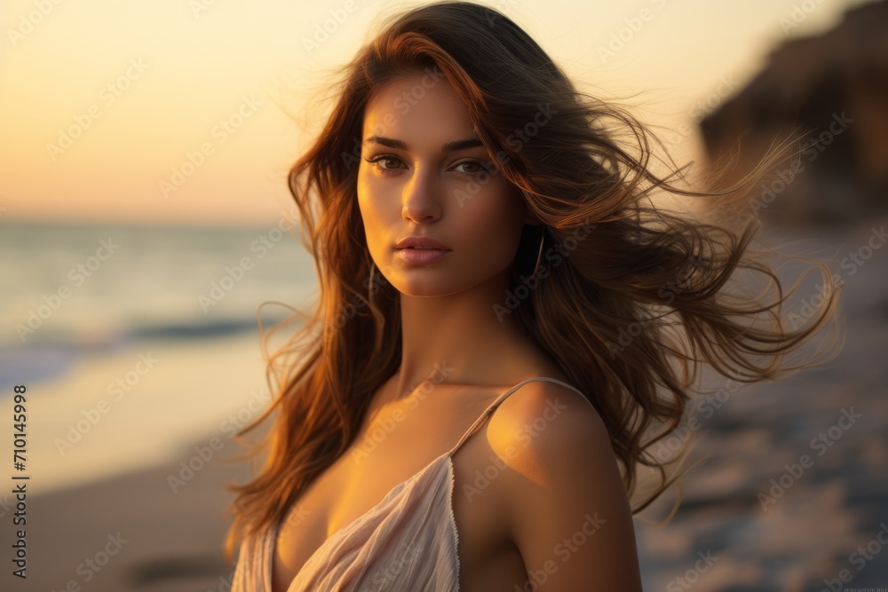 A sophisticated woman in a luxurious silk camisole enjoying a serene sunset on a secluded beach, her hair gently tousled by the warm ocean breeze