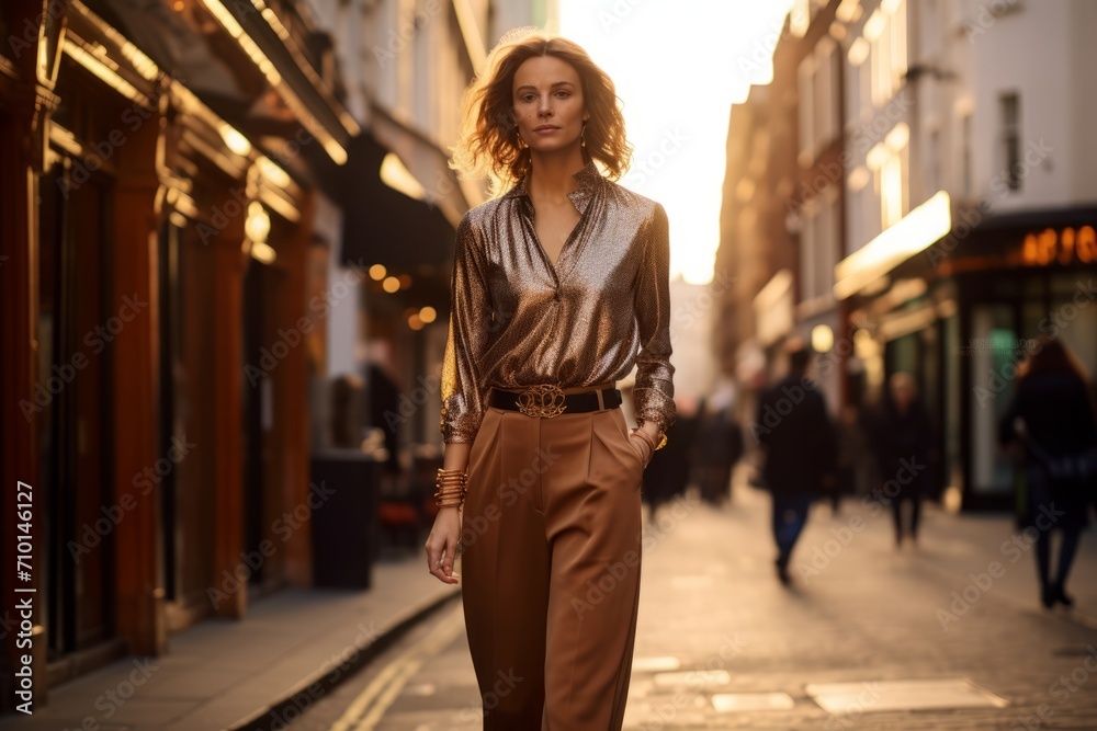 A stylish woman in her mid-thirties confidently struts down a bustling city street, her chain belt trousers catching the golden glow of the setting sun