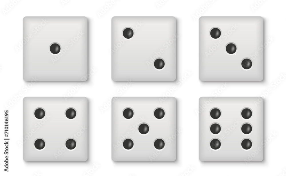 White dice set. Collection of dice cubes with numbers. Casino, lottery and gambling game elements. Top view icons. Realistic vector illustration