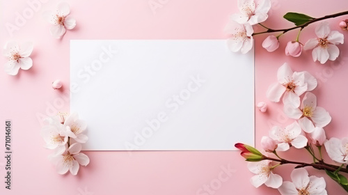 Blank paper card and cherry sakura flowers background. Holiday Valentine Easter greetings © Roxana