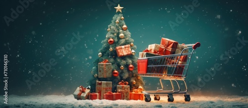 Holiday gifts being purchased and delivered, with a Christmas tree on a shopping cart banner.
