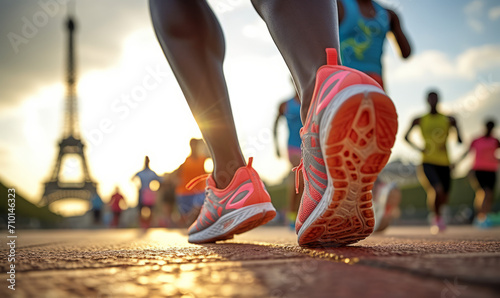 close up of a runners feet as they race towards the Eiffel tower in Paris. Summer sports athletics