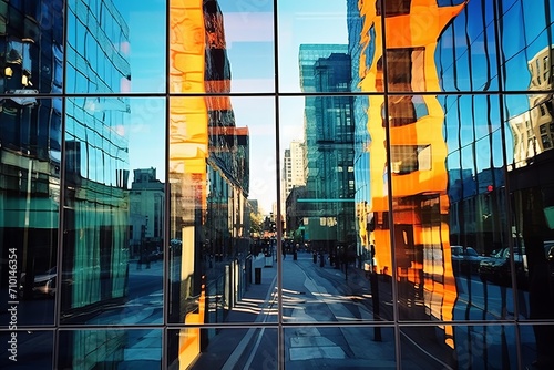 Reflective beauty. mirrored faÃ§ade of magnificent skyscraper on a bright sunny day photo