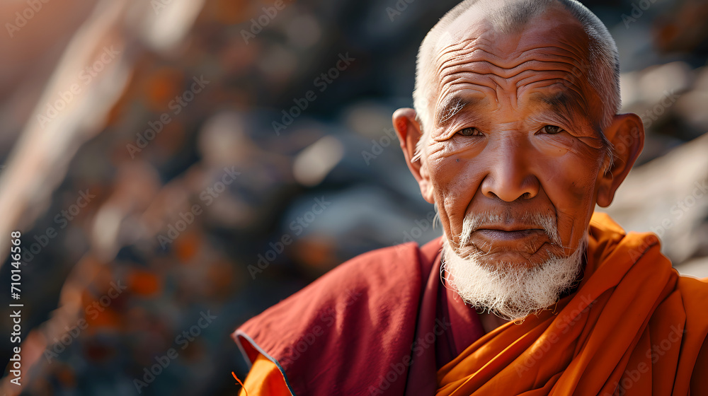Close-up portrait of a Tibetan monk, Tibetan Buddhism - obrazy, fototapety, plakaty 