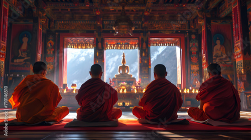 Tibetan monks meditating in a serene monastery. Captured in the Himalayan mountains