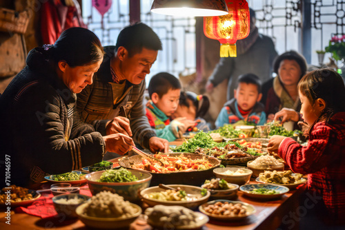Chinese family having New Year's Eve dinner together
