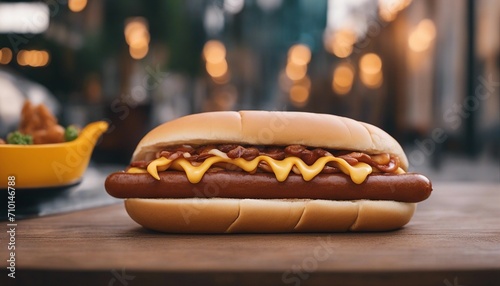 Tasty hot dog. Fresh hot dog on a table in a street cafe. Selective focus. AI generated