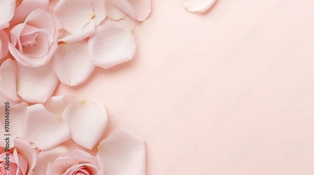 Holiday card with pink rose petals frame. Valentine, Easter or wedding greetings background Holiday card with pink rose petals frame. Valentine, Easter or wedding greetings background