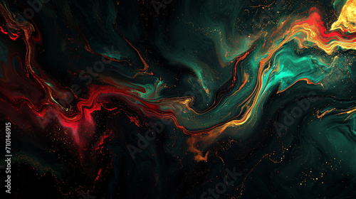 Abstract art, dark green, red and gold surface 