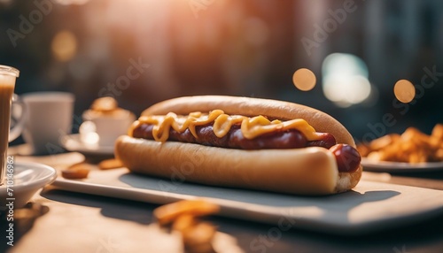 Tasty hotdog. Fresh appetizing hotdog on a table in a street cafe. AI generated photo