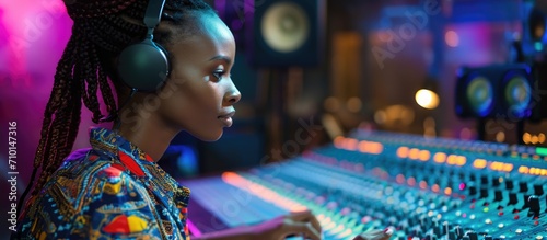 Talented African woman creates awesome music in recording studio.