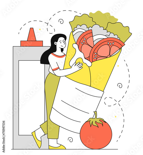 Woman with shawarma vector linear