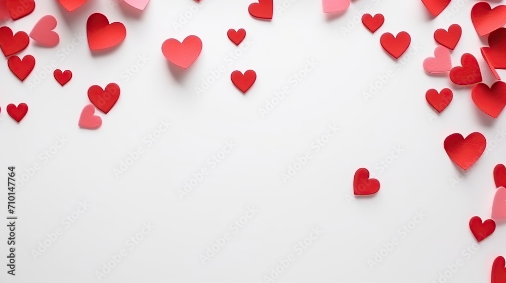 Scattered red and pink paper hearts on a white backdrop, perfect for Valentine's Day themes