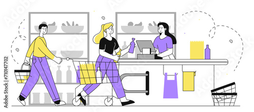 Shopping queue in supermarket vector linear
