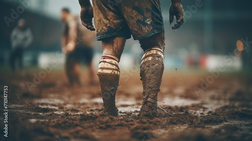 Close-up of rugby player's legs caked in mud, embodying the grit of the game photo
