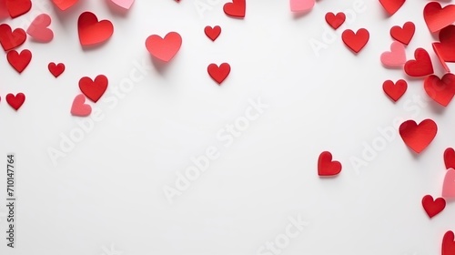 Scattered red and pink paper hearts on a white backdrop  perfect for Valentine s Day themes