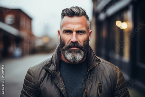 Portrait of a bearded man in a leather jacket on the street.