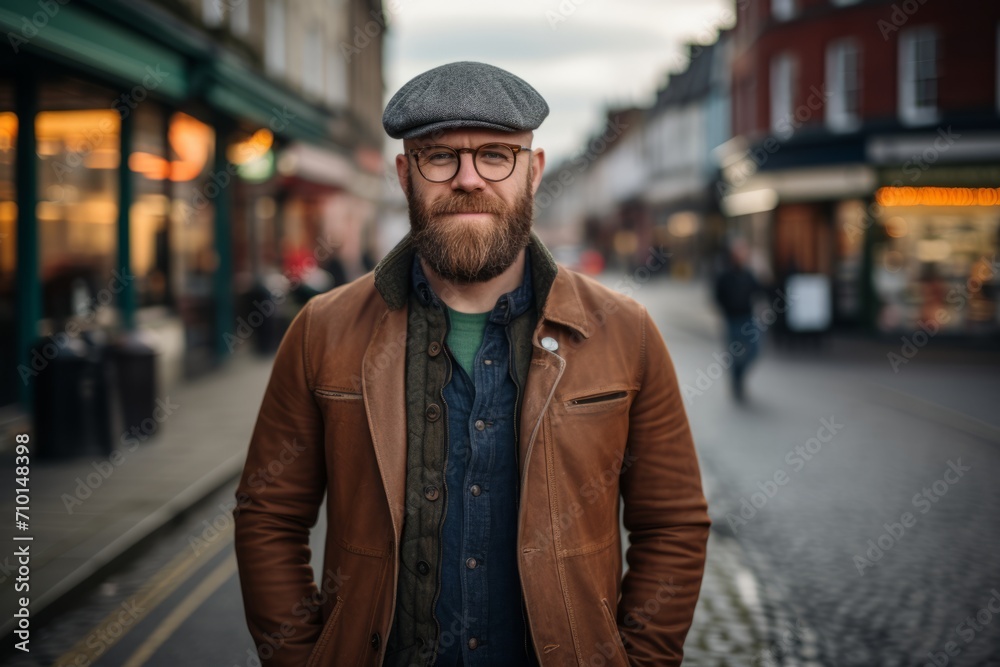 Portrait of a handsome hipster man with a beard and mustache wearing a hat and coat, standing on a city street. Portrait of a handsome hipster man with a beard and mustache wearing a hat and coat, standing on a city street.